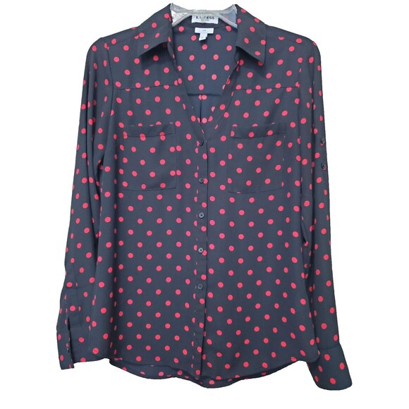 Express Portofino Slim Black w/Red Polka Dots Roll-Tab Sleeve Button-Up Shirt S - Picture 1 of 6